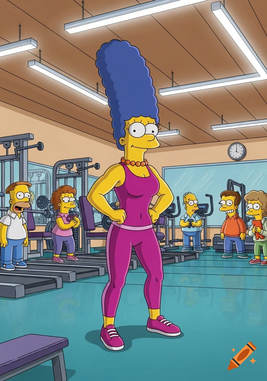 Marge Simpson, in a pink athletic outfit, flexes her arm muscles at a cartoon gym, with other characters watching.