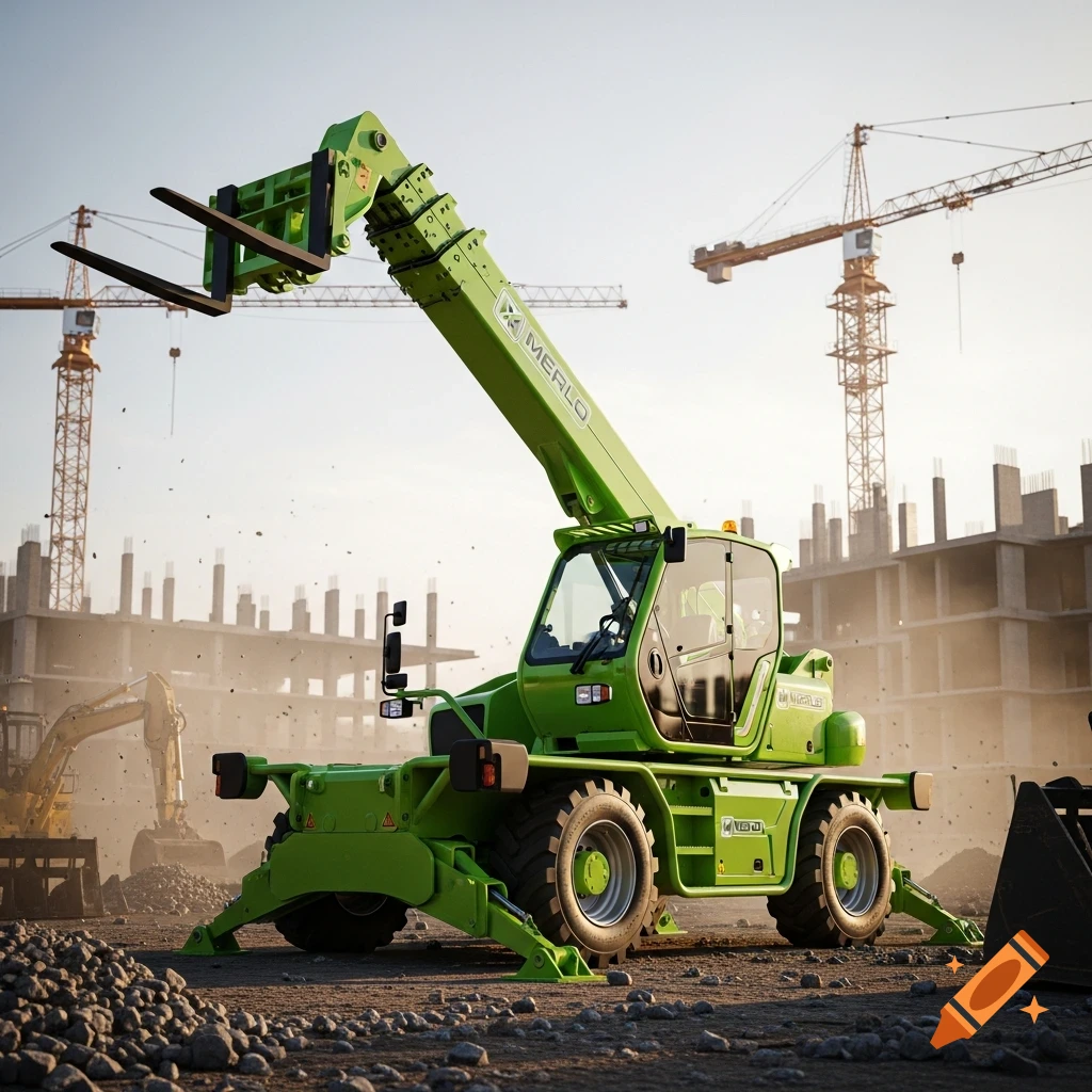 A vibrant green Merlo telehandler with its forks extended, parked on a dusty construction site with cranes and building structures in the background.