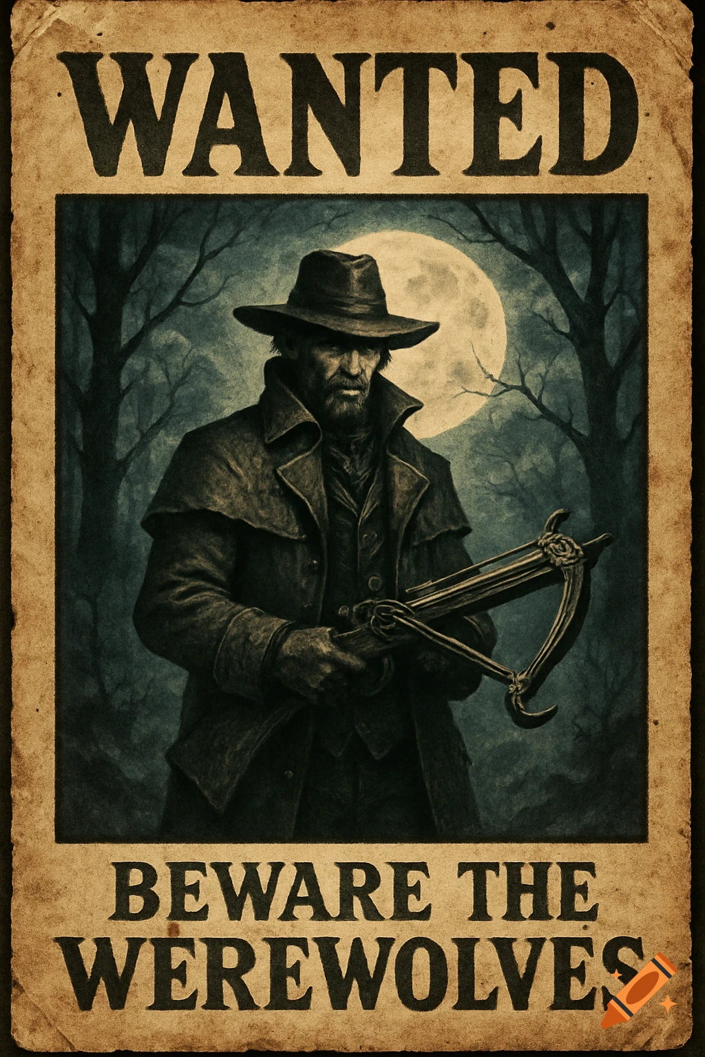 A vintage-style 'Wanted' poster depicts a grim werewolf hunter in a hat, holding a crossbow under a full moon in a spooky forest. The text reads "WANTED" and "BEWARE THE WEREWOLVES".
