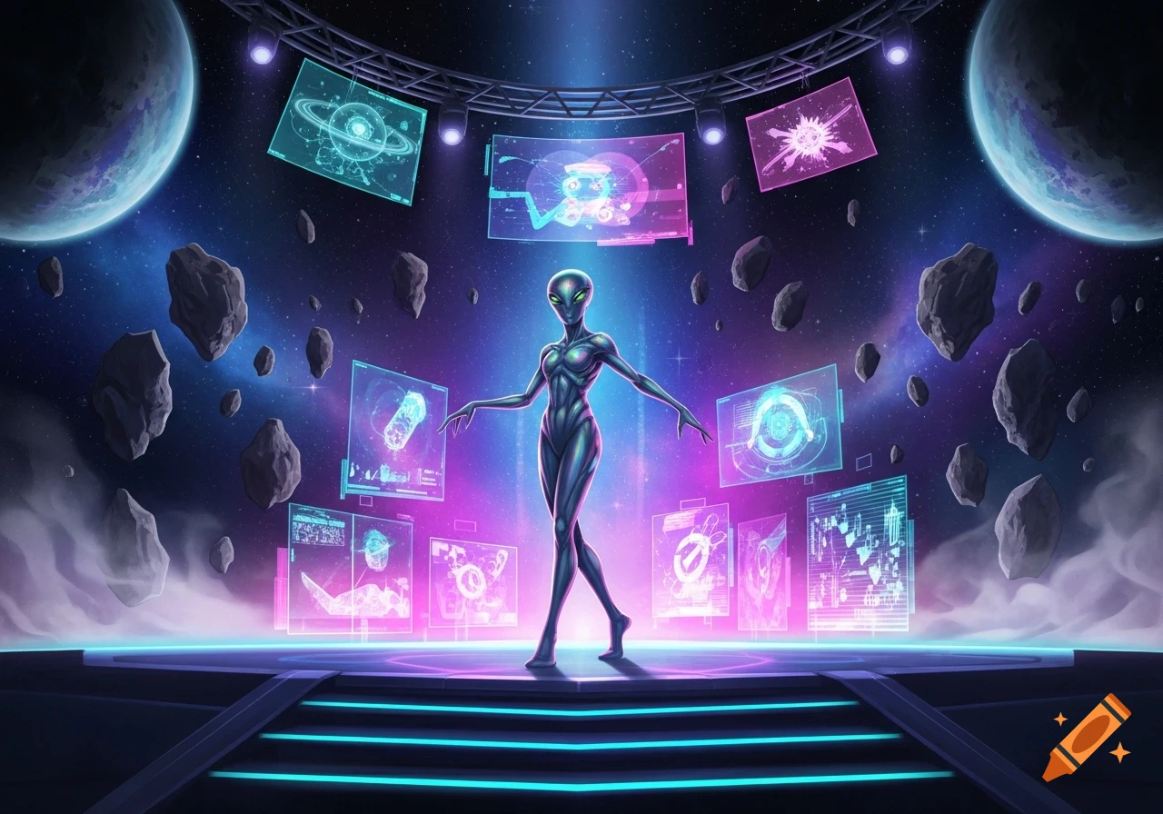 A sleek alien stands on a glowing stage surrounded by holographic screens displaying data in a cosmic setting with planets and asteroids.
