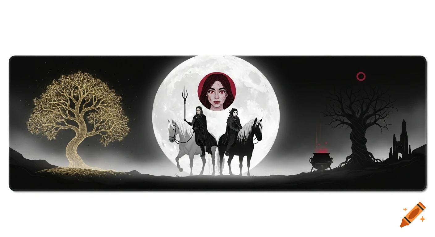 Minimalist dark fantasy illustration of two cloaked figures on horses before a large moon, with a golden tree and cauldron.