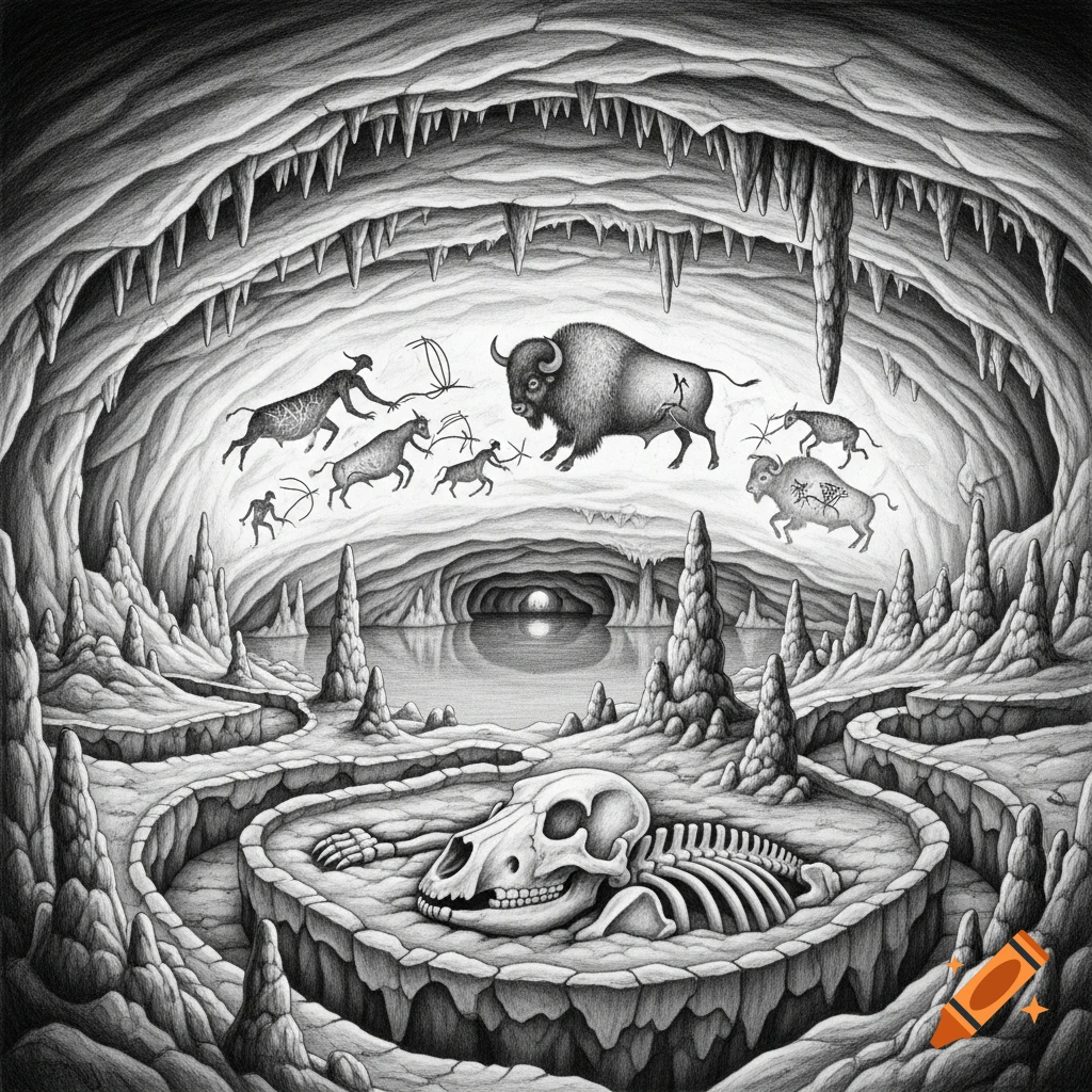 A detailed black and white pencil drawing of an ice age cave with prehistoric cave paintings, an underground lake, stalactites, stalagmites, and a large bear skeleton.
