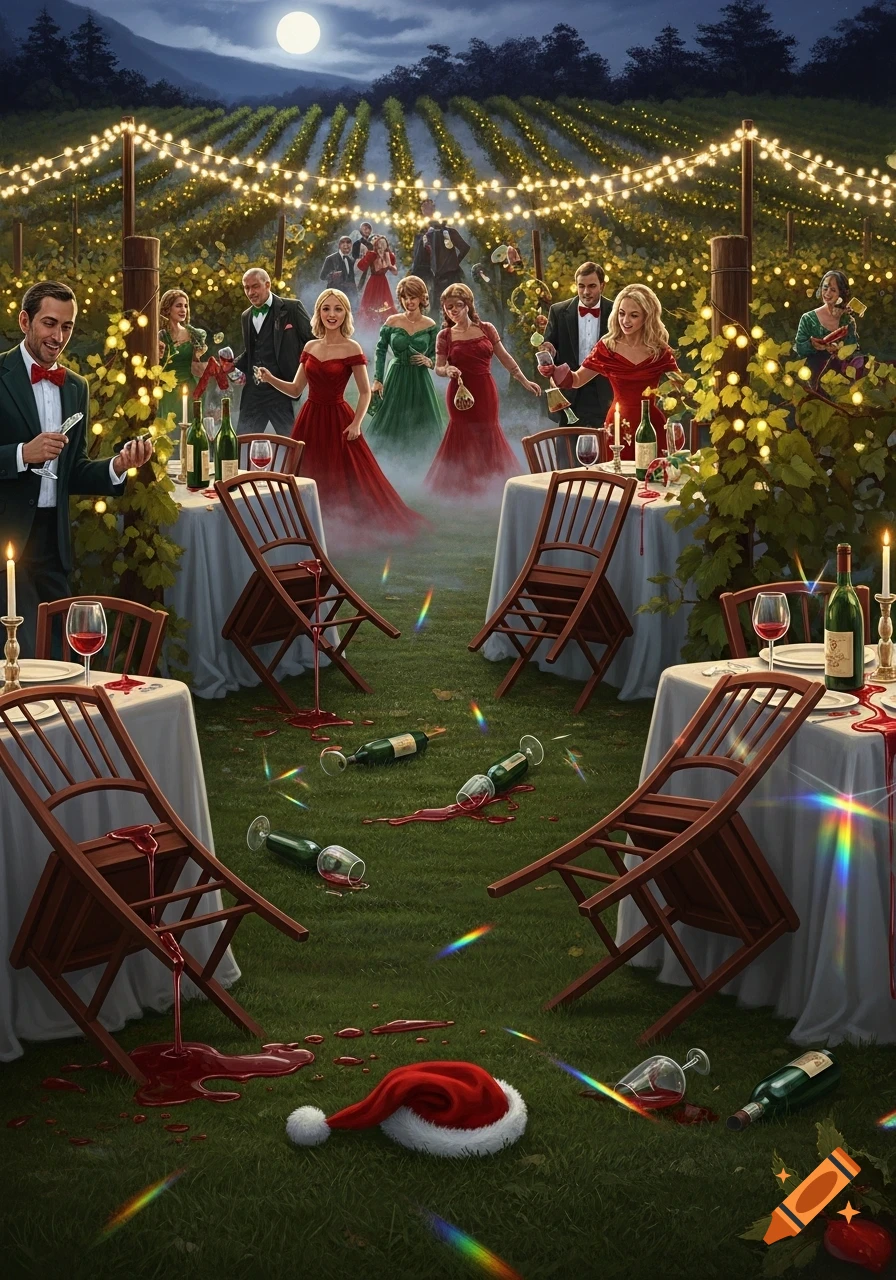 An illustrated night scene of a Christmas party gone wrong in a vineyard, with spilled wine, overturned chairs, and a Santa hat on the ground. People in formal attire mingle among string lights.