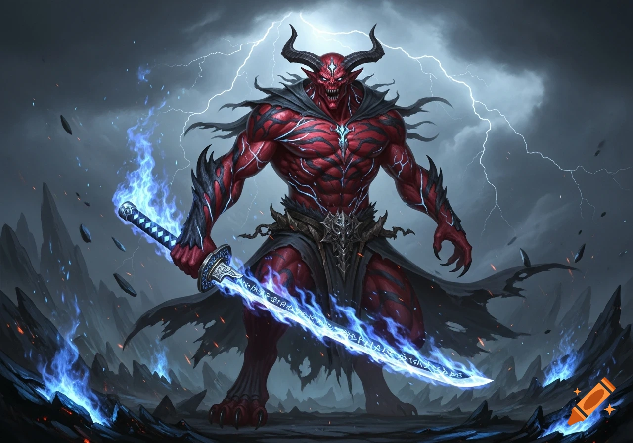 A muscular red demon with horns and sharp claws stands under a stormy sky, holding a katana engulfed in blue flames.