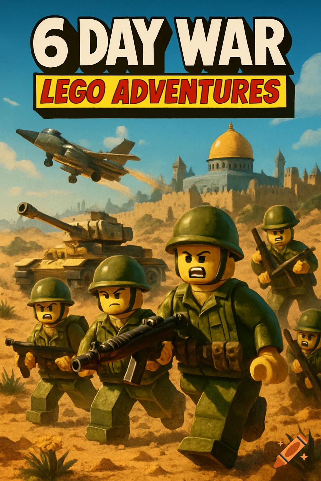 Lego minifigure soldiers, a tank, and a jet in a desert battle scene with a city backdrop, under a banner reading '6 DAY WAR LEGO ADVENTURES'.