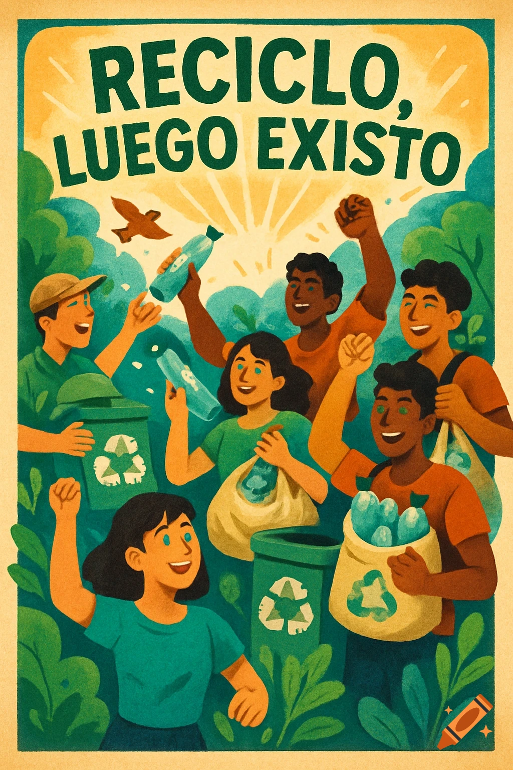 Vibrant illustration of a diverse group happily recycling plastic, with "RECICLO LUEGO EXISTO" text.
