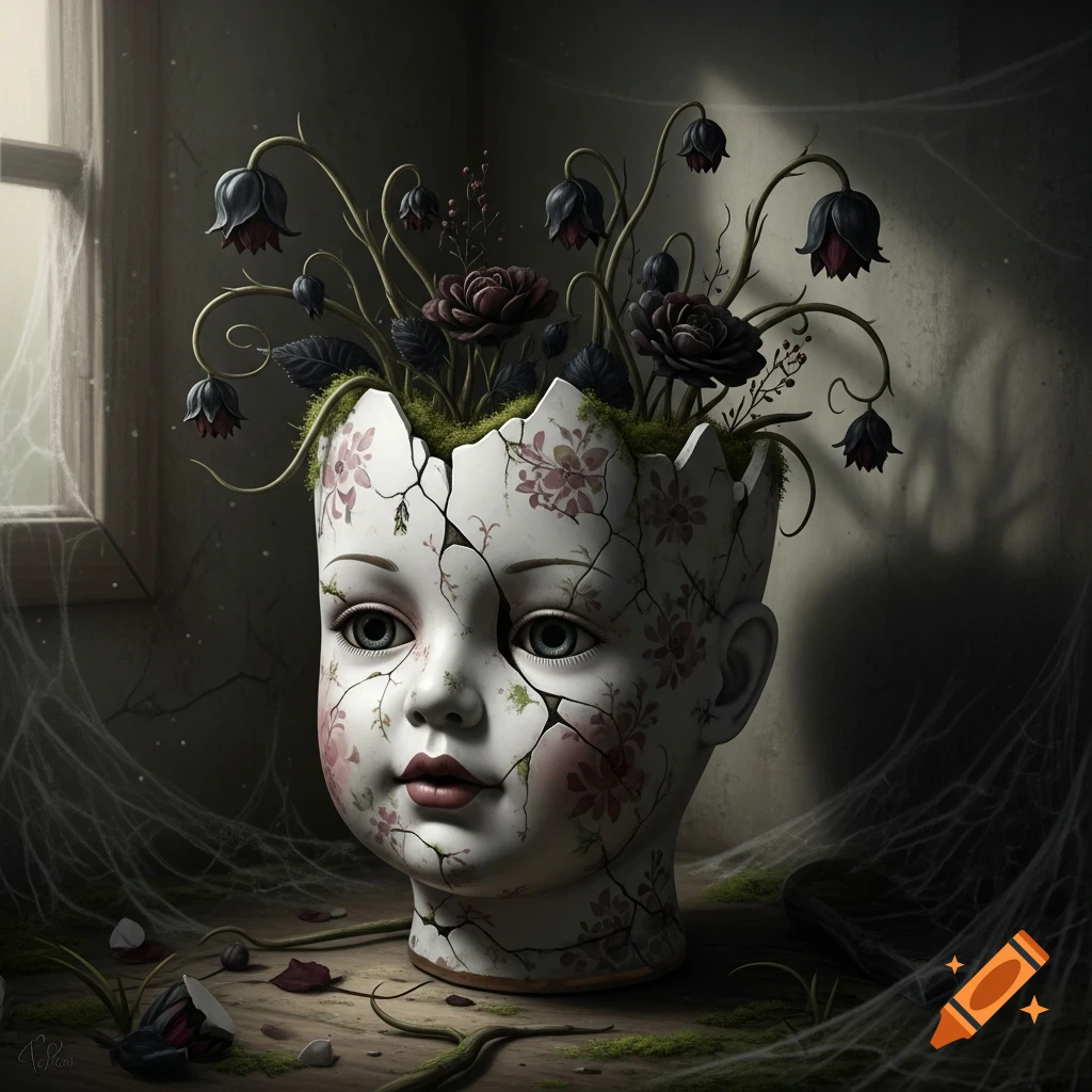A cracked porcelain doll head, patterned with flowers, acts as a pot for dark, wilting blooms and moss, set in a cobweb-filled, gloomy room.