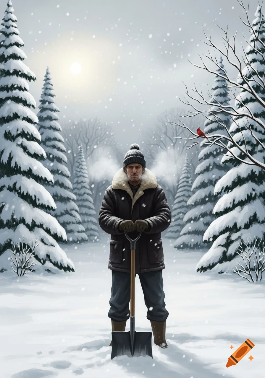 A man in a winter coat and hat stands with a shovel in a snowy forest as snow falls around him.
