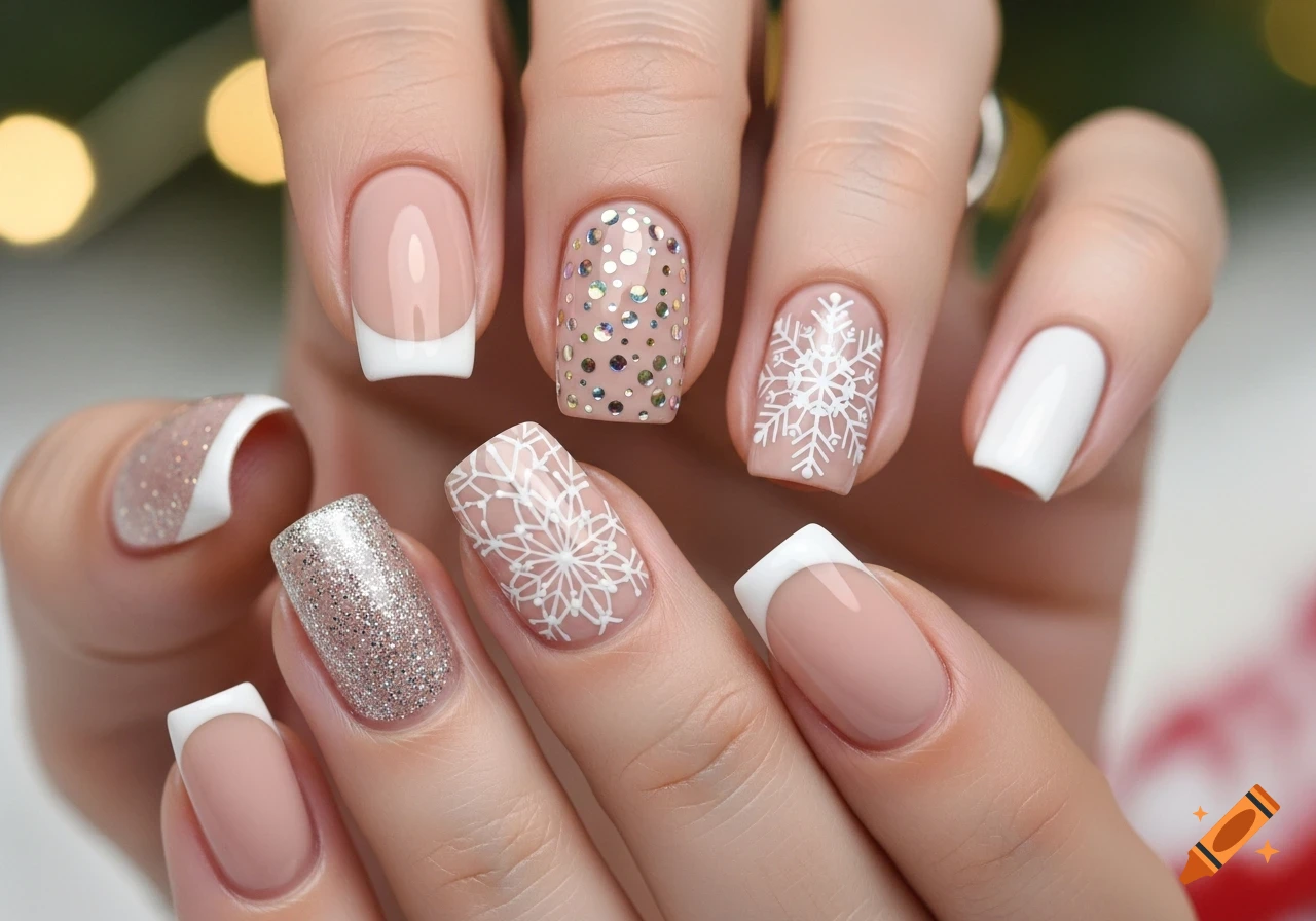 Close-up of a hand with various Christmas-themed nail art designs including French tips, glitter, rhinestones, white snowflakes, and solid white polish.