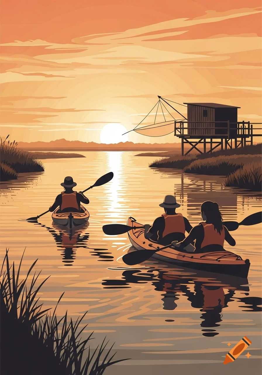 Vector art of three people kayaking on an estuary at sunset, with a fishing hut on the bank.