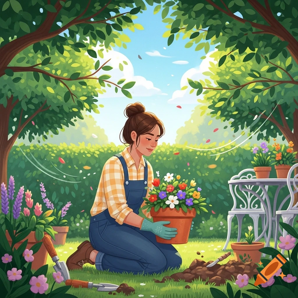A smiling woman in overalls and a plaid shirt kneels in a sunny garden, planting colorful flowers in a pot, with trees and shrubs in the background.