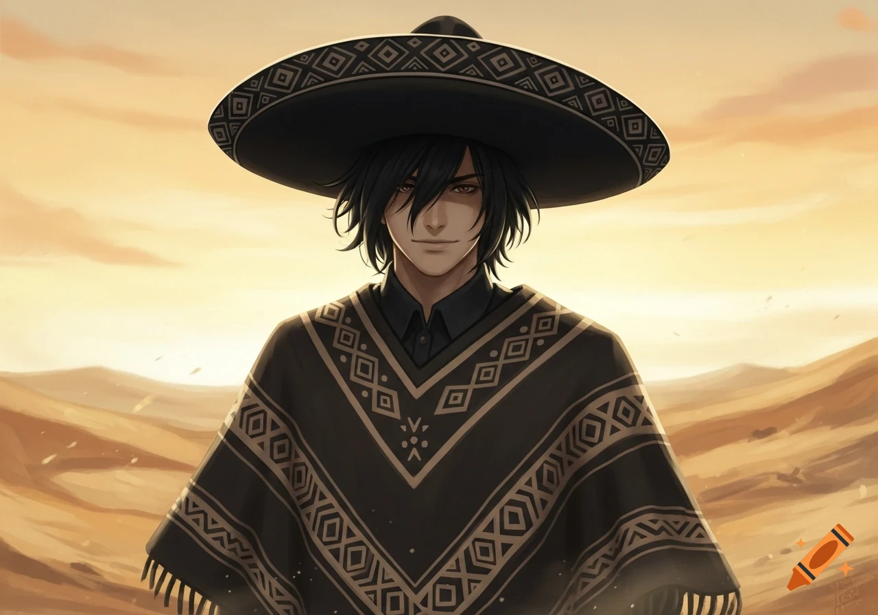 An anime-style character with black hair, a black sombrero, and a poncho stands in a desert at sunset.