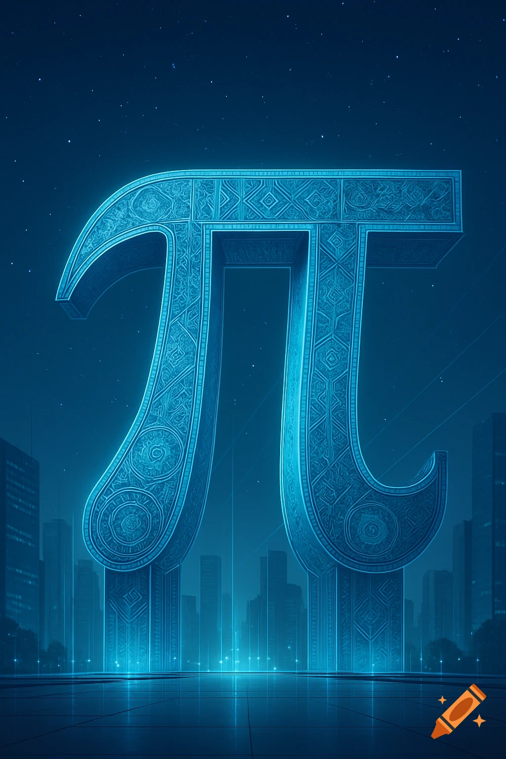 A large, glowing blue Pi symbol with intricate patterns stands in a futuristic city at night, reflecting on a wet ground.