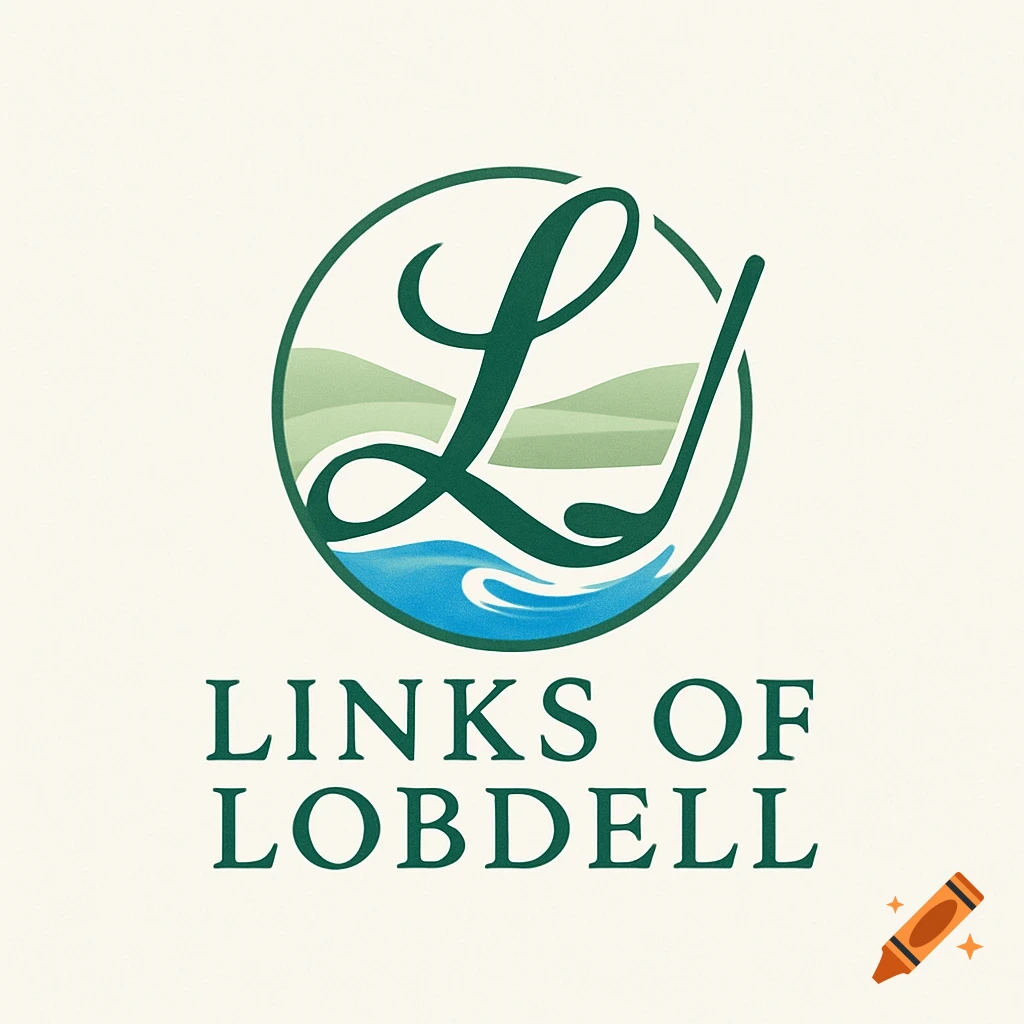 A logo for 'Links of Lobdell' golf course, featuring a stylized green 'L' intertwined with a golf club, hills, and blue water within a circle, with text 'LINKS OF LOBDELL' below.