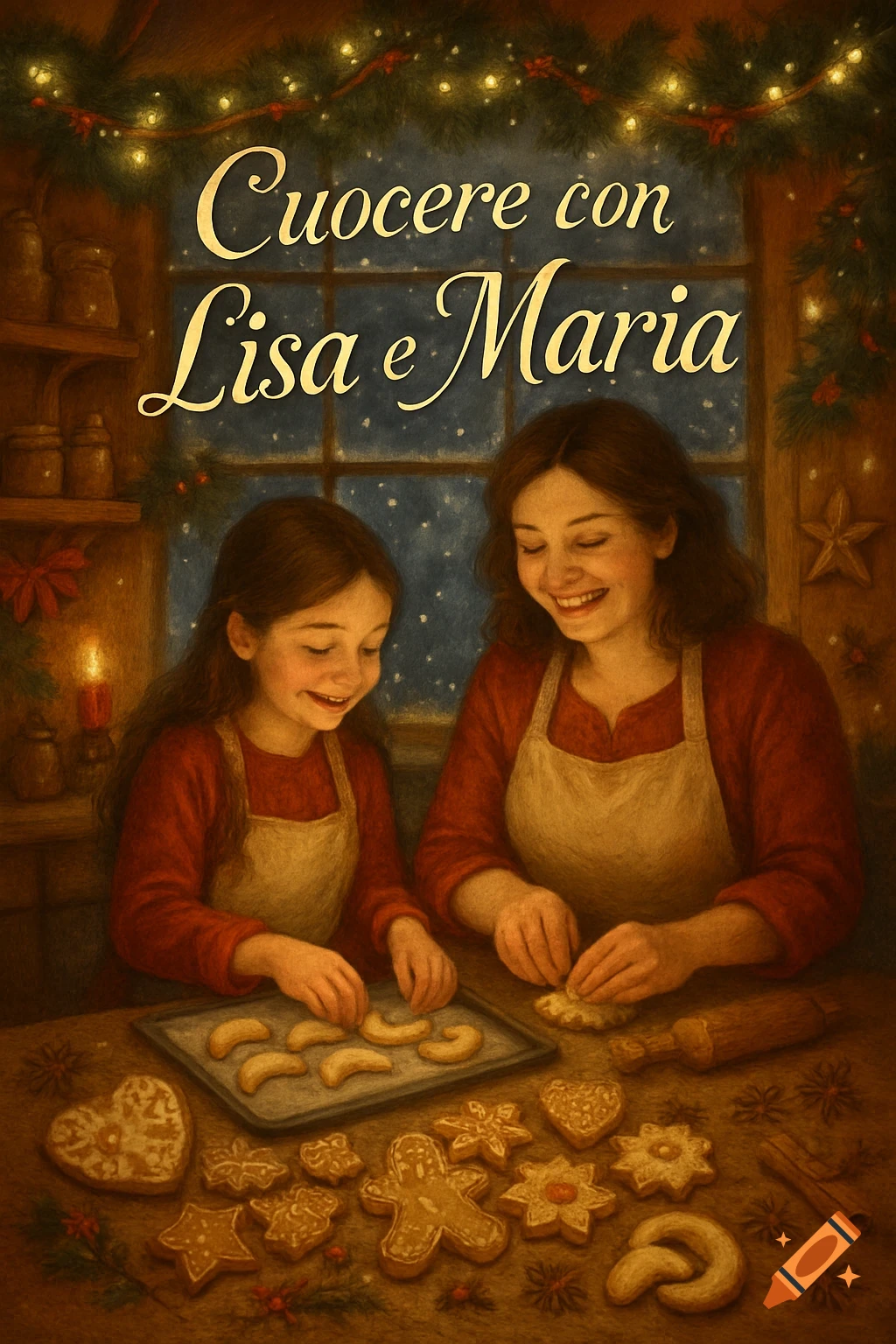 Smiling woman and child baking Christmas cookies. Text 'Cuocere con Lisa e Maria'. Warm, festive illustration.