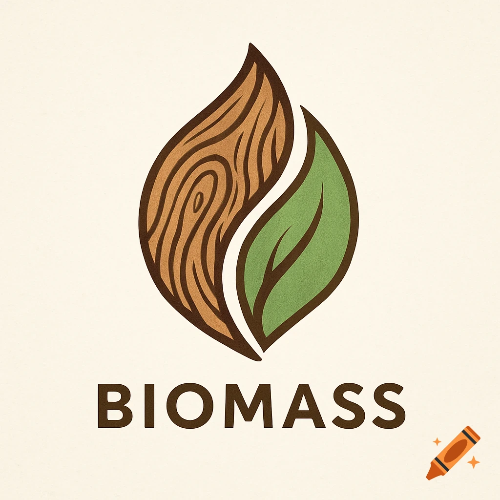 A logo with a stylized leaf, half wood grain and half green, above the word BIOMASS.