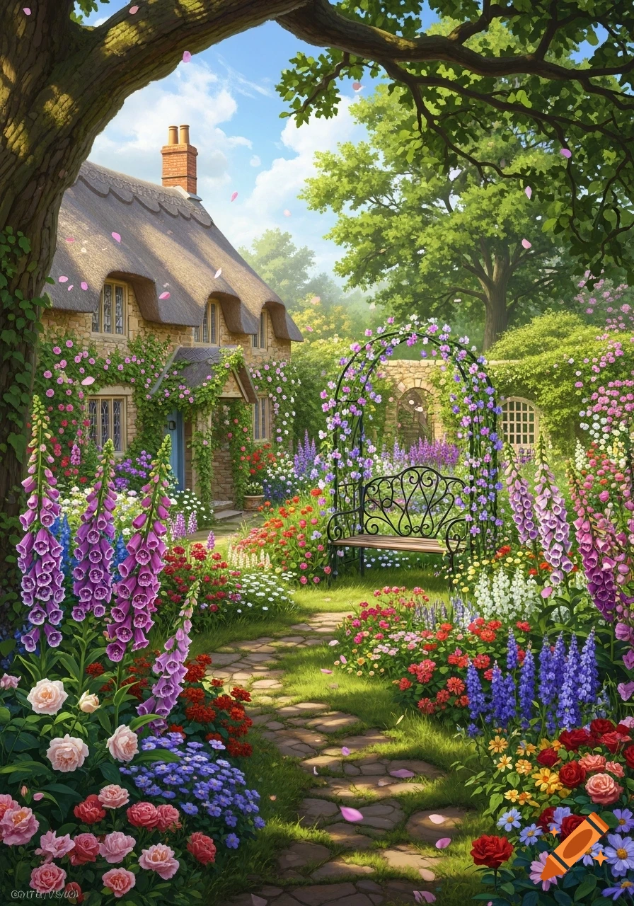 Vibrant English cottage garden with a stone path, abundant blooming flowers, a thatched-roof house, and an iron bench.