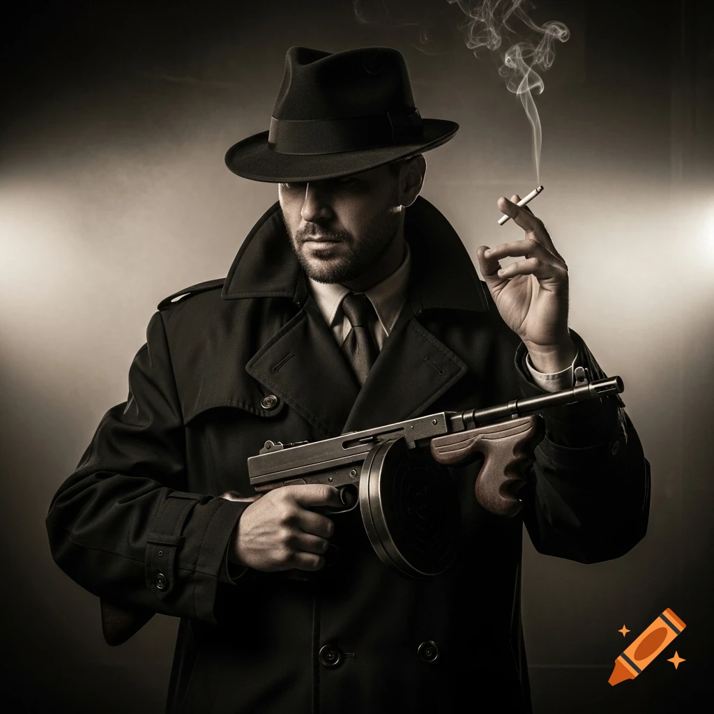 A man in a fedora and trenchcoat holds a Thompson submachine gun and a lit cigarette in a moody, photorealistic style.