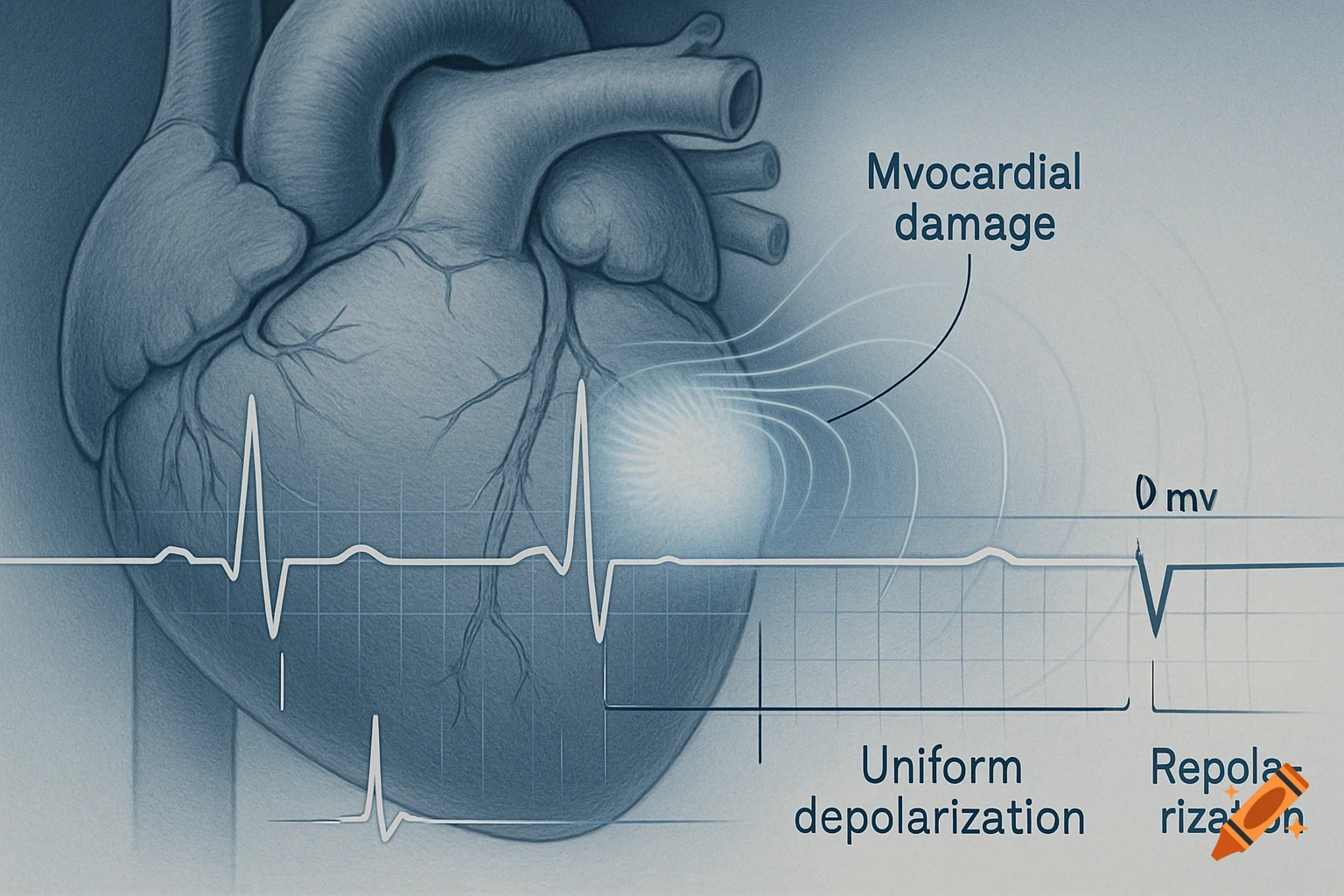 Medical illustration of a human heart and an ECG showing myocardial damage, uniform depolarization, and repolarization.