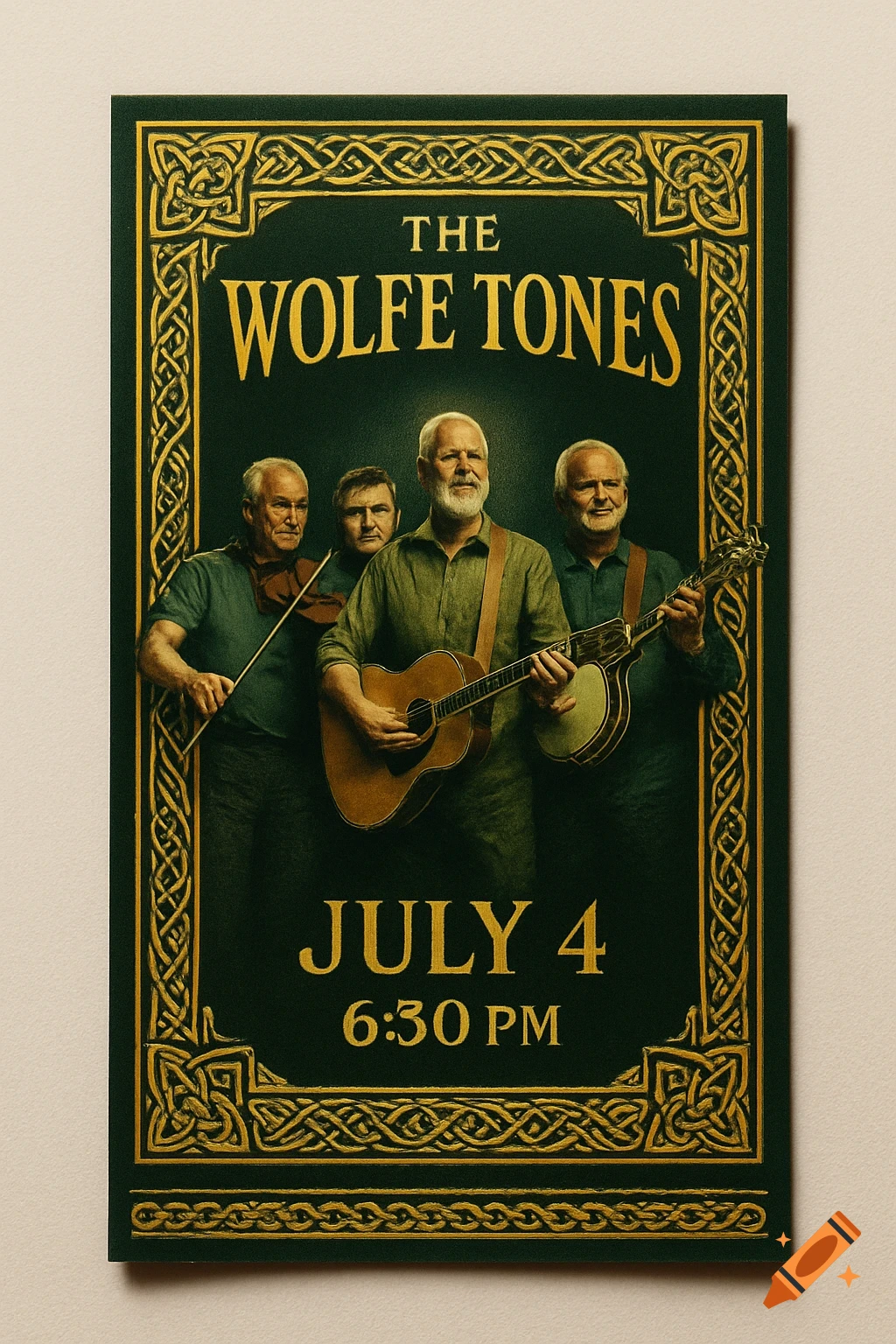A dark green concert poster with gold Celtic knotwork border, featuring four men with instruments for 'The Wolfe Tones' on 'July 4, 6:30 PM'.