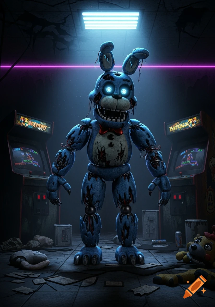 A blue, torn animatronic rabbit with glowing eyes stands in a dark, decrepit arcade, surrounded by broken arcade machines and debris.
