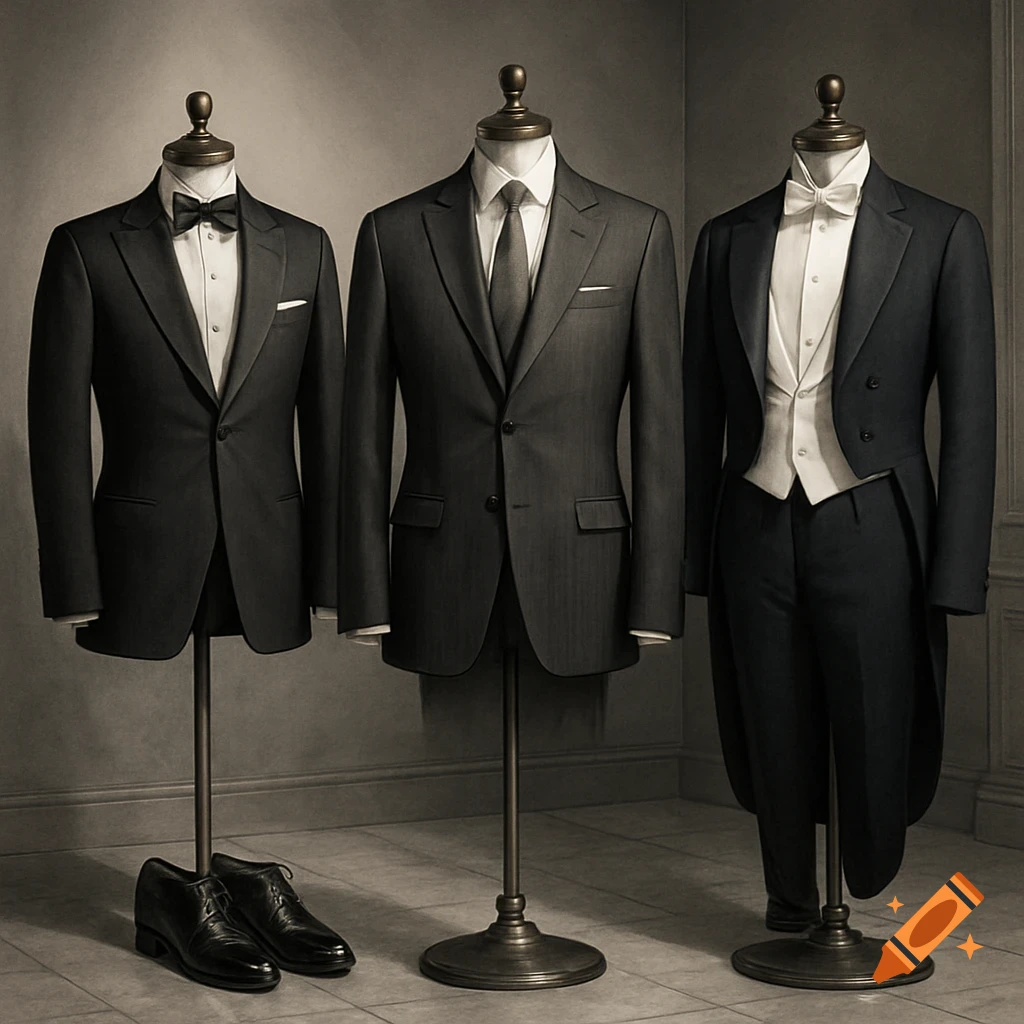 Three mannequins display various formal men's wear: a black suit, a tuxedo with a bow tie, and a tailcoat with a white bow tie, in a photorealistic style.