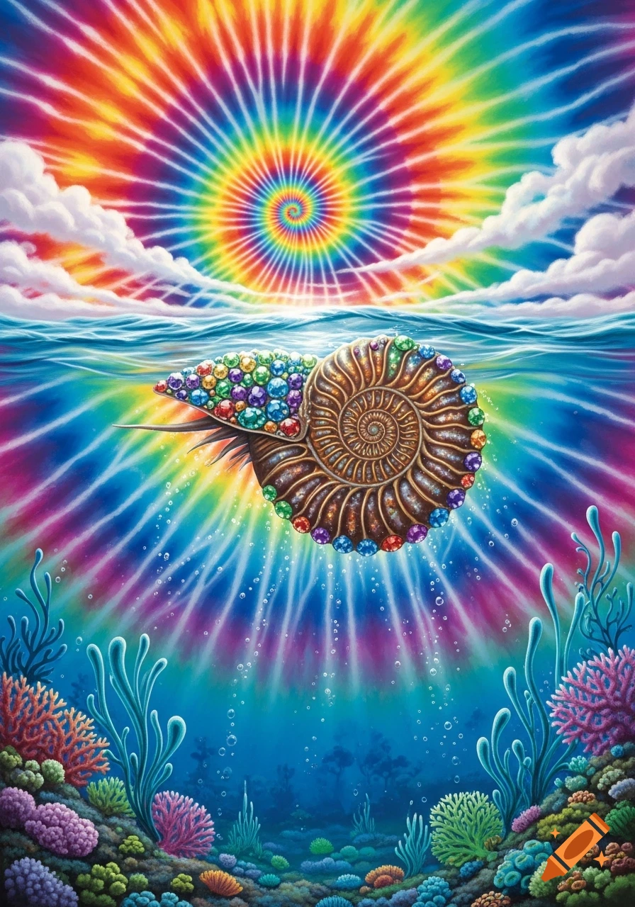 A colorful, jeweled ammonite floats in a psychedelic tie-dye ocean, surrounded by vibrant coral reefs under a tie-dye sky.