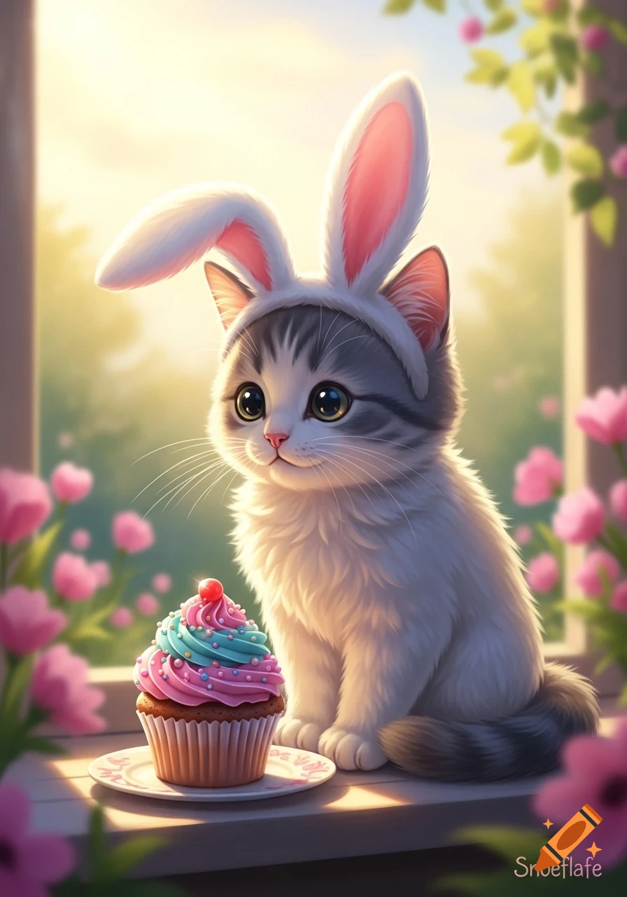 Cute tabby kitten wearing bunny ears, sitting beside a pink and blue cupcake on a sunny window sill with flowers.