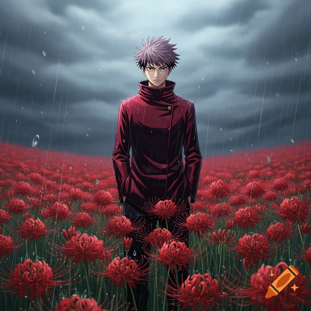 Yuji Itadori in a red jacket stands in a field of red spider lilies under a grey, rainy sky in anime style.