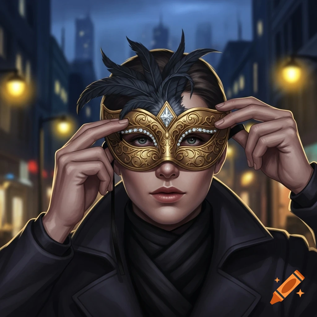 A person in a dark coat holds a golden, feathered masquerade mask to their face, looking forward in a nighttime city street.
