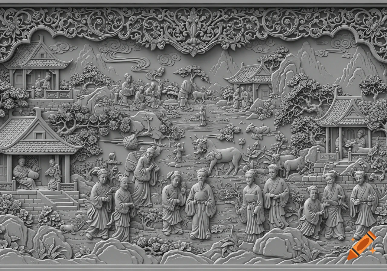 A detailed grayscale relief carving depicting an elaborate Chinoiserie landscape with traditional houses, people, mountains, and animals.