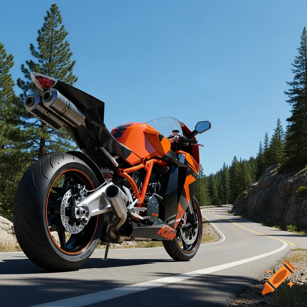 Orange and black sports motorcycle on a winding road with pine trees and a clear blue sky.