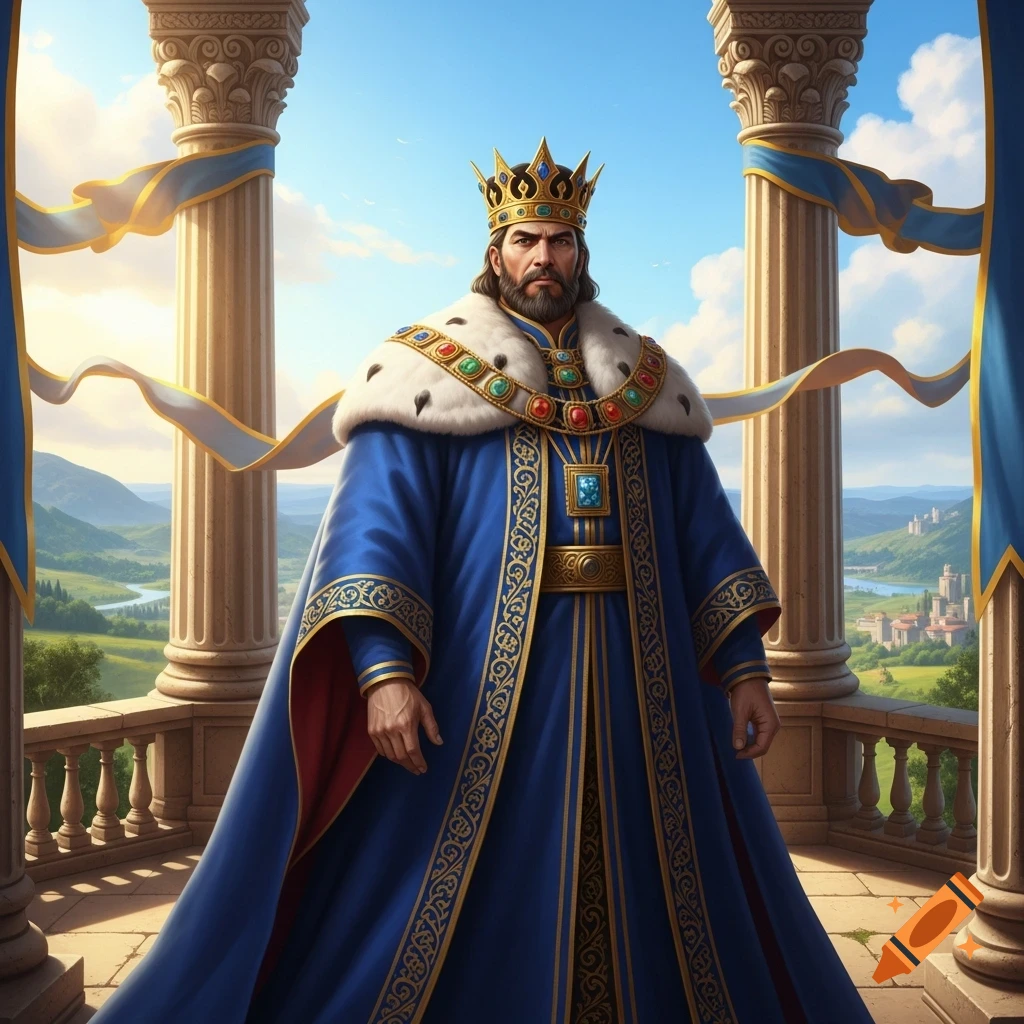 A regal king in a blue, jeweled robe and golden crown stands on a balcony overlooking a lush valley with a distant castle.