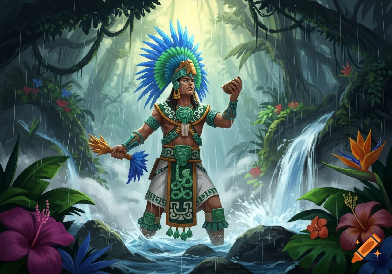 A powerful Mesoamerican priest in a blue and green feathered headdress stands in a rainy jungle river, holding ceremonial objects near waterfalls.