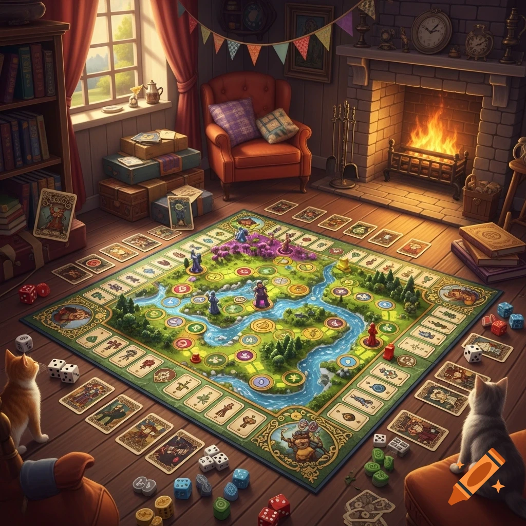 A fantasy board game with player pieces and dice sits on a wooden floor in a cozy room. Two cats watch the game by a warm fireplace and sunlit window.