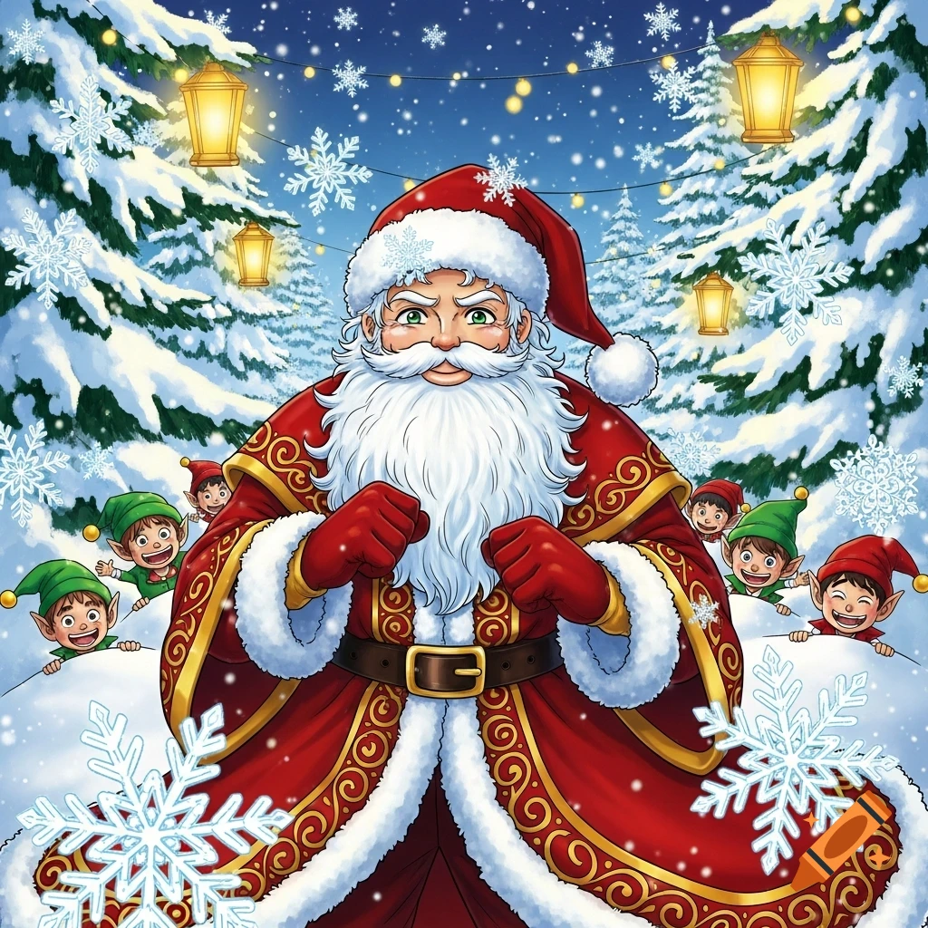 Manga-style Santa Claus and cheerful elves in a snowy forest at night, surrounded by snowflakes and glowing lanterns.