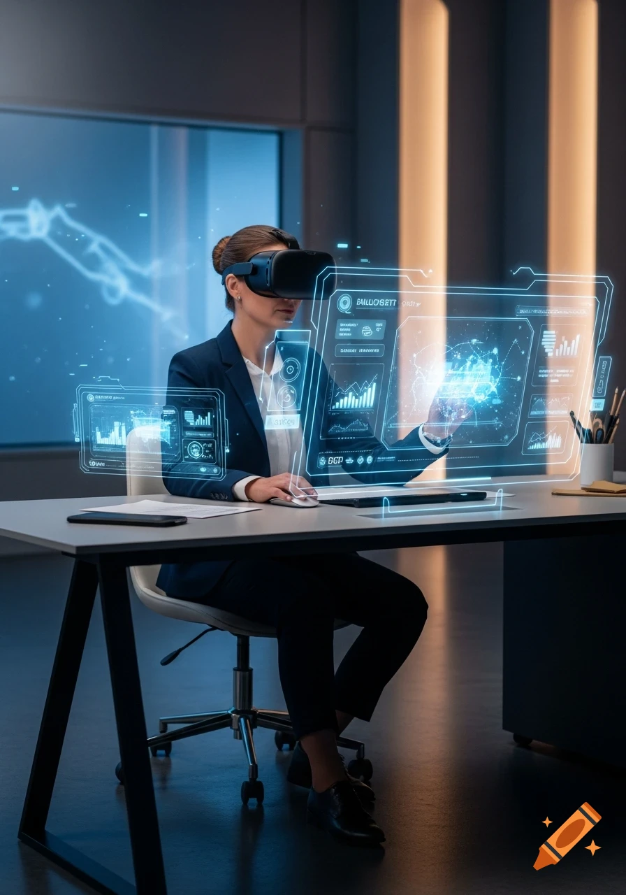 Photorealistic image of a woman in a suit and VR headset interacting with glowing holographic displays in a modern office.