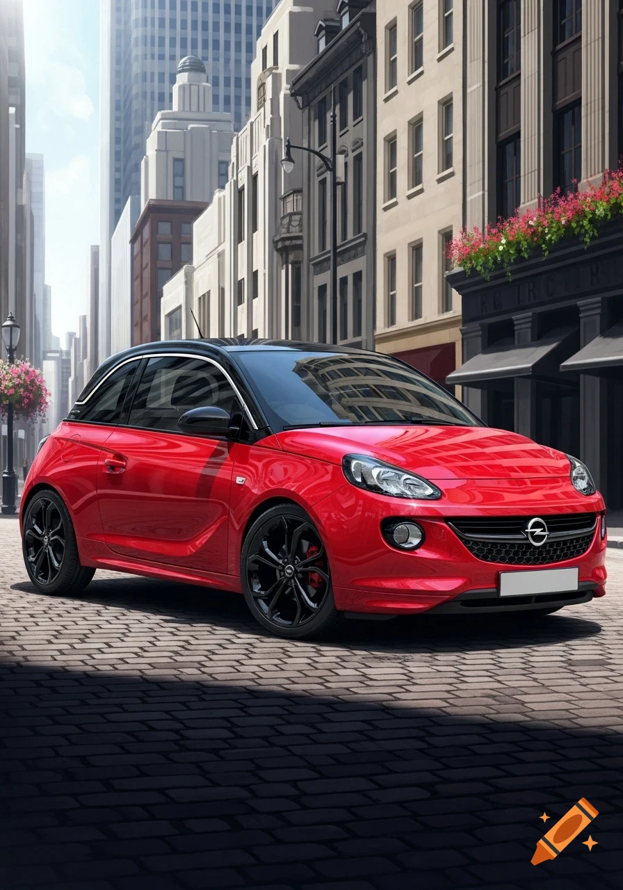 Red Opel Adam car with black rims on a cobblestone city street with tall buildings.