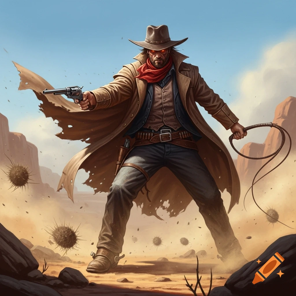 An intense, stylized cowboy with glowing red eyes stands in a desert, holding a revolver and a whip.