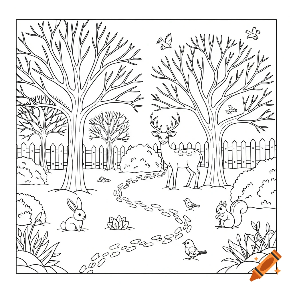 Black and white coloring page of a winter garden scene featuring a deer, rabbit, squirrel, birds, bare trees, a fence, and footprints in the snow.