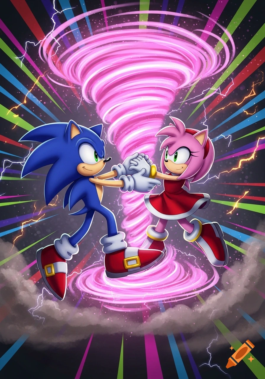 Sonic and Amy Rose hold hands, surrounded by a swirling pink tornado and colorful lightning in a vibrant cartoon style.