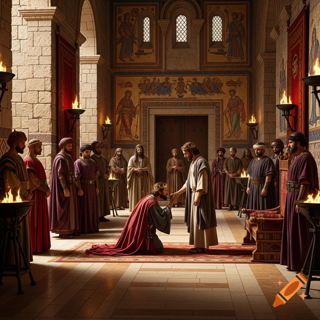 A richly dressed king kneels before a humble man in a grand palace hall, surrounded by ministers and torchlight, in a photorealistic style.