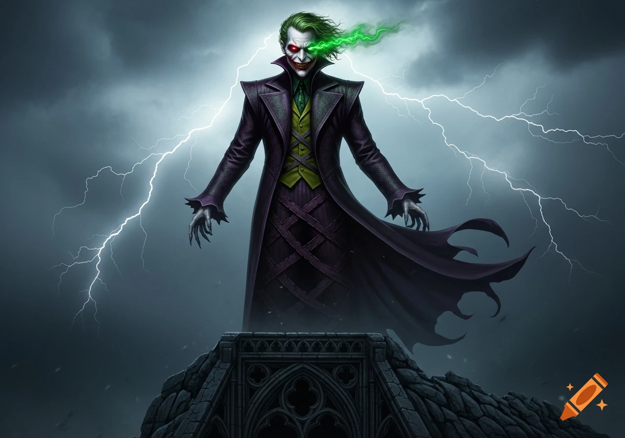 Menacing Joker-Voldemort hybrid character with green hair and glowing eye stands on a gothic roof under a stormy, lightning-filled sky.