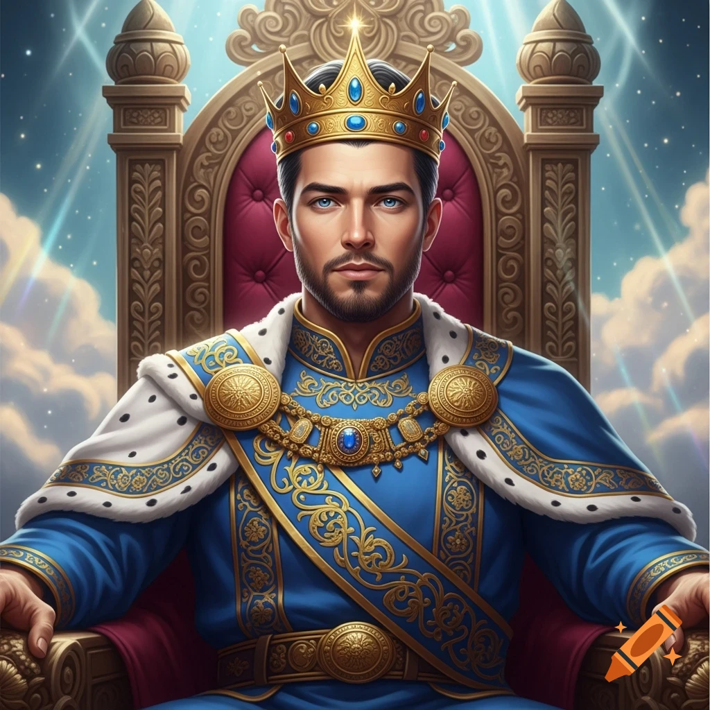 A hyper-realistic portrait of a majestic king with a beard, blue eyes, and a golden crown, wearing a royal blue robe, sitting on a grand throne in a heavenly setting.