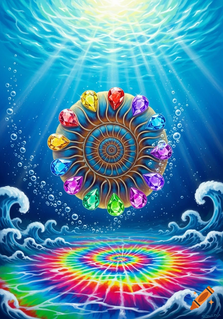 A vibrant illustrative ammonite shell covered in colorful jewels floats underwater with sun rays, bubbles, waves, and a rainbow tie-dye seabed.