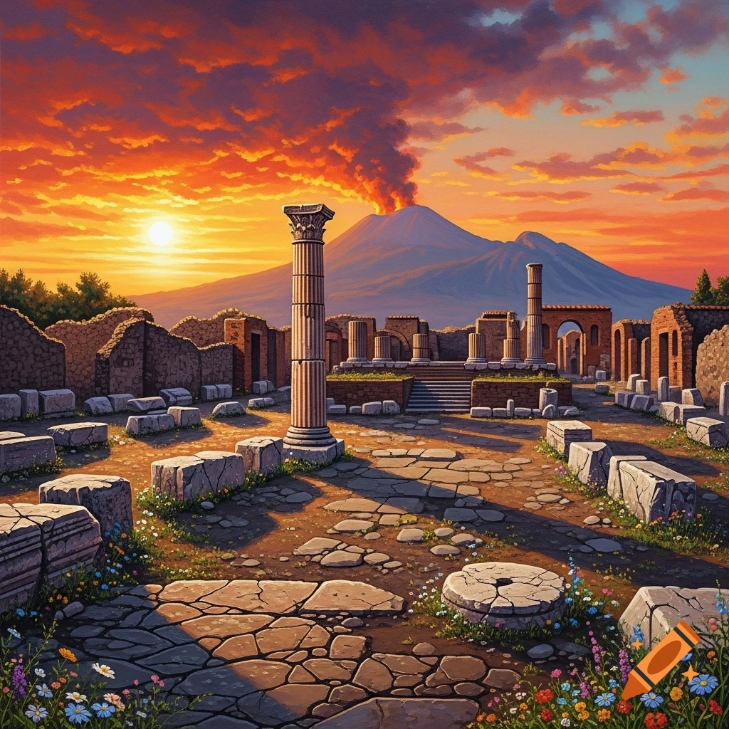 Ancient Roman ruins with a prominent column, volcanic eruption, and a dramatic orange sunset sky, in acrylic painting style.