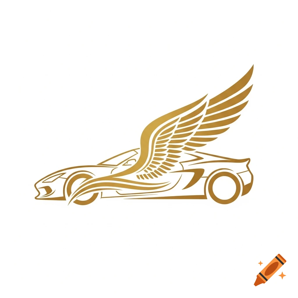 Golden, elegant line art logo of a sports car with outstretched wings, on a white background.