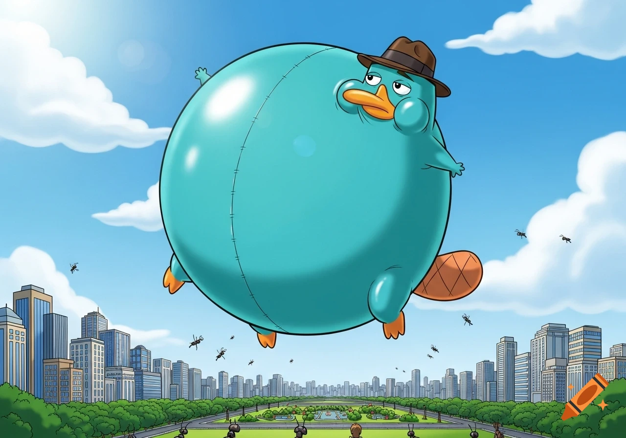 A huge, spherical Perry the Platypus in a fedora floats over a cartoon city and park under a blue sky with clouds and tiny ants.