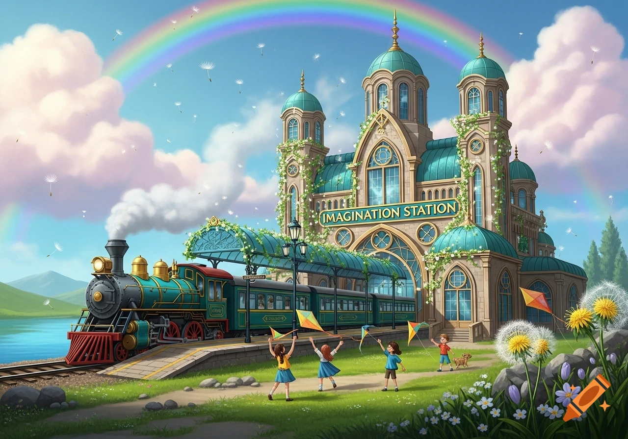A whimsical train station labeled "IMAGINATION STATION" with a steam train, rainbow, and children playing with kites in a grassy landscape.