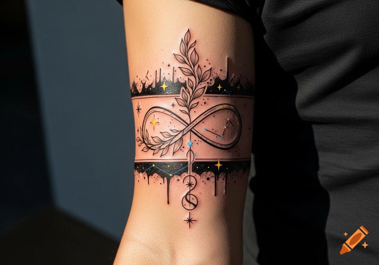 A detailed black and yellow armband tattoo on a person's arm, featuring an infinity symbol, leafy branches, stars, and constellations.